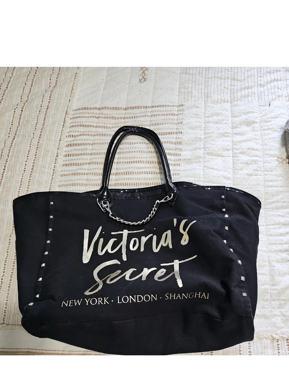 Victoria's Secret Black Logo Canvas Tote with Chain Detail